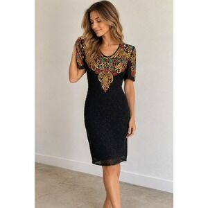 SCALA | Beaded Silk Dress Womens Medium Black Gold Sequin Vintage Cocktail Party